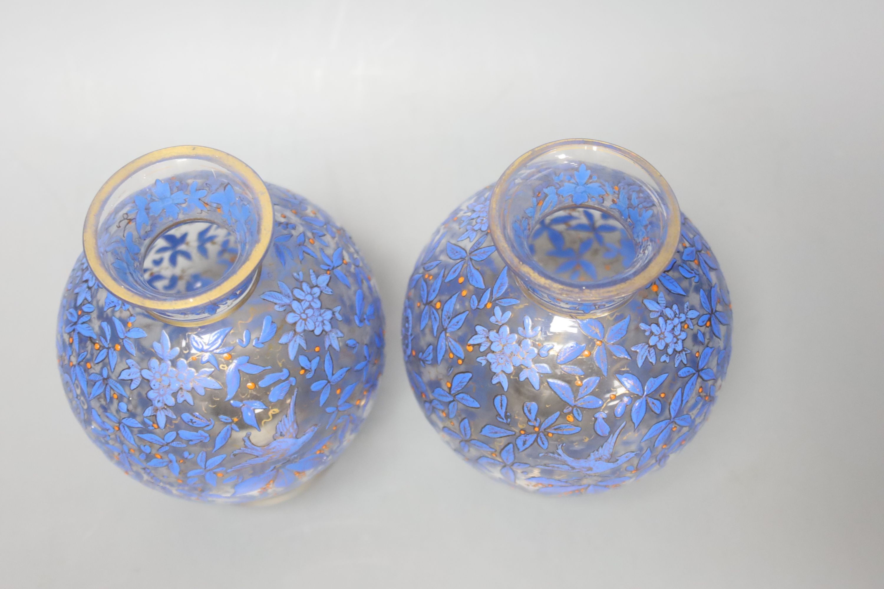 A pair of Bohemian Persian style enamelled glass vases, possibly Moser, 15cm
